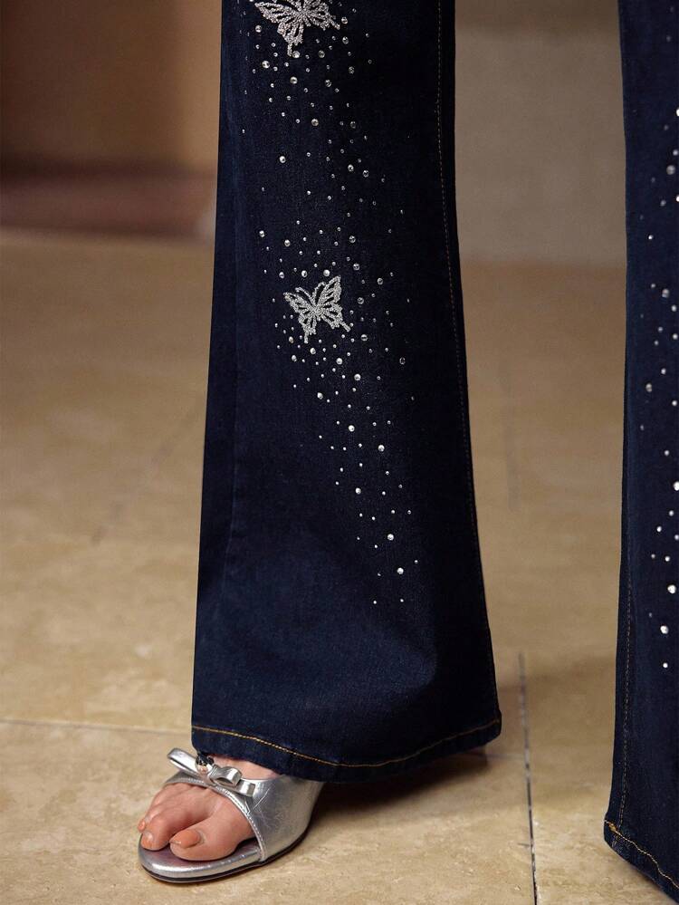 WOMEN'S DARK BLUE BUTTERFLY RHINESTONE EMBELLISHED ELEGANT JEANS