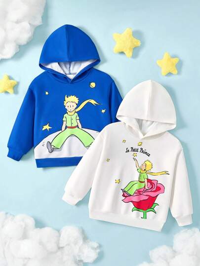 LE PETIT PRINCE X SHEIN 2 件装小男孩卡通星空印花蓝色休闲连帽长袖运动衫和玫瑰印花可爱白色运动衫套装