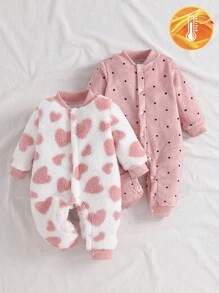 SHEIN 两件装女婴长袖连体衣，开裆立领设计，爱心波点印花，保暖内衬，防风，舒适柔软，休闲宽松弹力款，适合秋冬季节穿着。 - 粉色 - 查看 3
