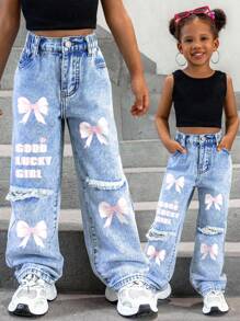 SHEIN Explorewe Young Girl New Y2K Style Denim Jeans   New Fashionable High-Quality Distressed Washed Denim Straight Leg Jeans - Light Wash - View 1