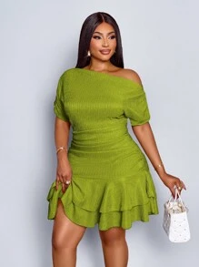 SOLERSUN 女士优雅派对日间杏色针织不对称领口长袖褶皱双褶迷你连衣裙 - 綠色 - 查看 6