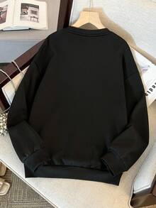 Teen Girls' Black Bear & Letter Graphic Loose Fit Crew Neck Sweatshirt Pullover - Black - View 2
