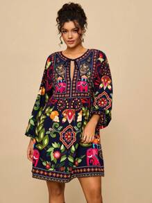 Travachic Plus Size Casual Vacation Tropical Bohemian Print Front Tie Bow Long Sleeve Loose Women Summer Autumn Outdoor Short Dress,Fall Clothes For Women - Navy Blue - View 1