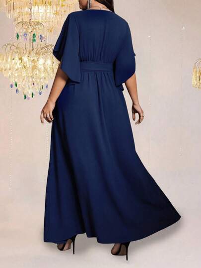 Auvina Plus Size Women's Solid Color Fitted V-Neck Flare Sleeve Tie Waist Ruched Slit Elegant Party Maxi Dress