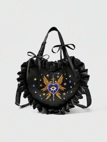 Grunge Punk Embroidered Heart Eyes Wing Pattern Heart Shaped Tote Bag, Ballerina Style Large Capacity Lace Shoulder Bag For Women, Item No. 1572852