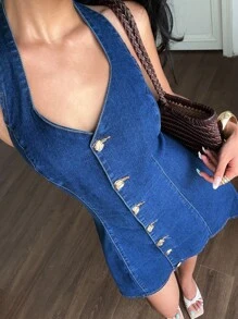 SHEIN EZwear 女式前扣露背挂脖牛仔连衣裙 - 藍色 - 查看 1