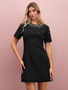 Vestido elegante de mujer decorado con cristales y perlas, para verano - Negro - Ver 6