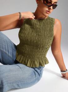 LYSMO Plus Size Women Summer Boho Elastic Ruched Camisole Tank Top Smocked Top Green Top Women,Back To School - Green - View 1