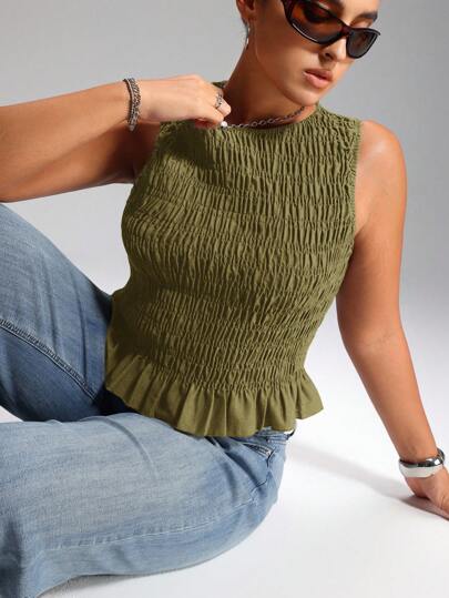 LYSMO 加大码女式夏季波西米亚风弹力褶饰吊带背心