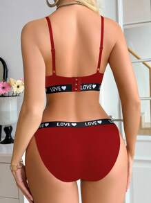 SHEIN 女士撞色心形字母针织文胸套装 - 紅色 - 查看 2