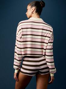 Missguided x Playboy Áo crop top polo tay dài kẻ sọc phong cách retro, cổ bẻ, mặc nhà thường ngày, thời trang đường phố, thích hợp mặc khi chơi bóng bầu dục - Nhiều màu - Xem 2