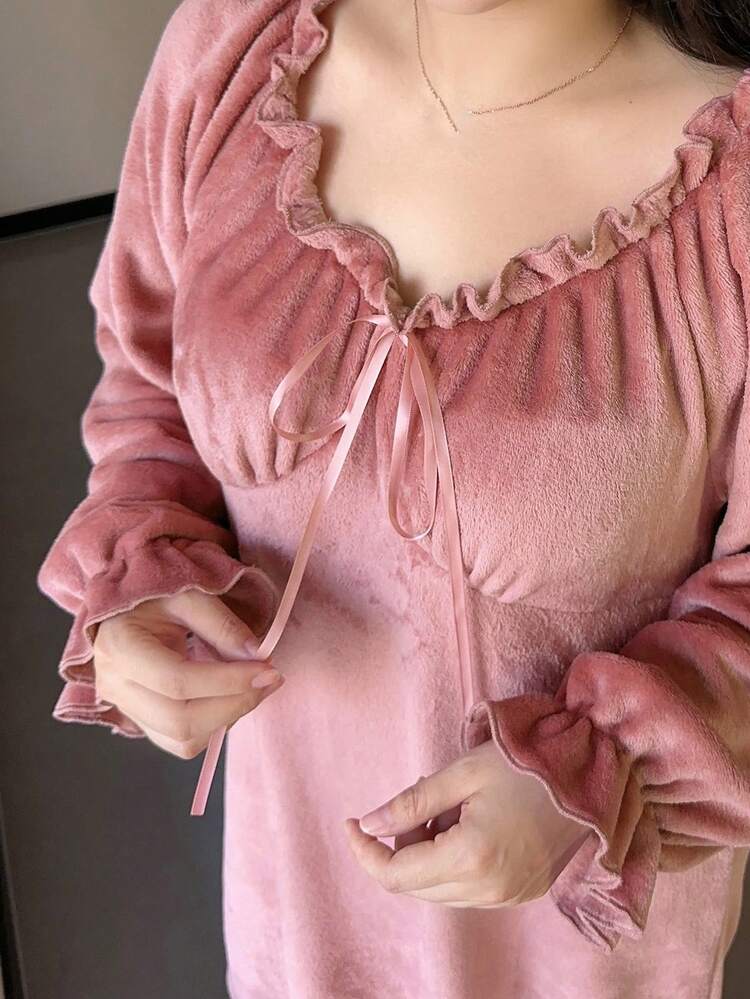 Dazy Plus Plus Size Women Pleated Ruffle Hem Waist Thickened Fleece Fluffy Nightgown, Autumn/Winter,Thermal Lined, Fall, Cozy