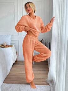 RueChic Solid Drop Shoulder Teddy Pullover & Pants - Orange - View 1