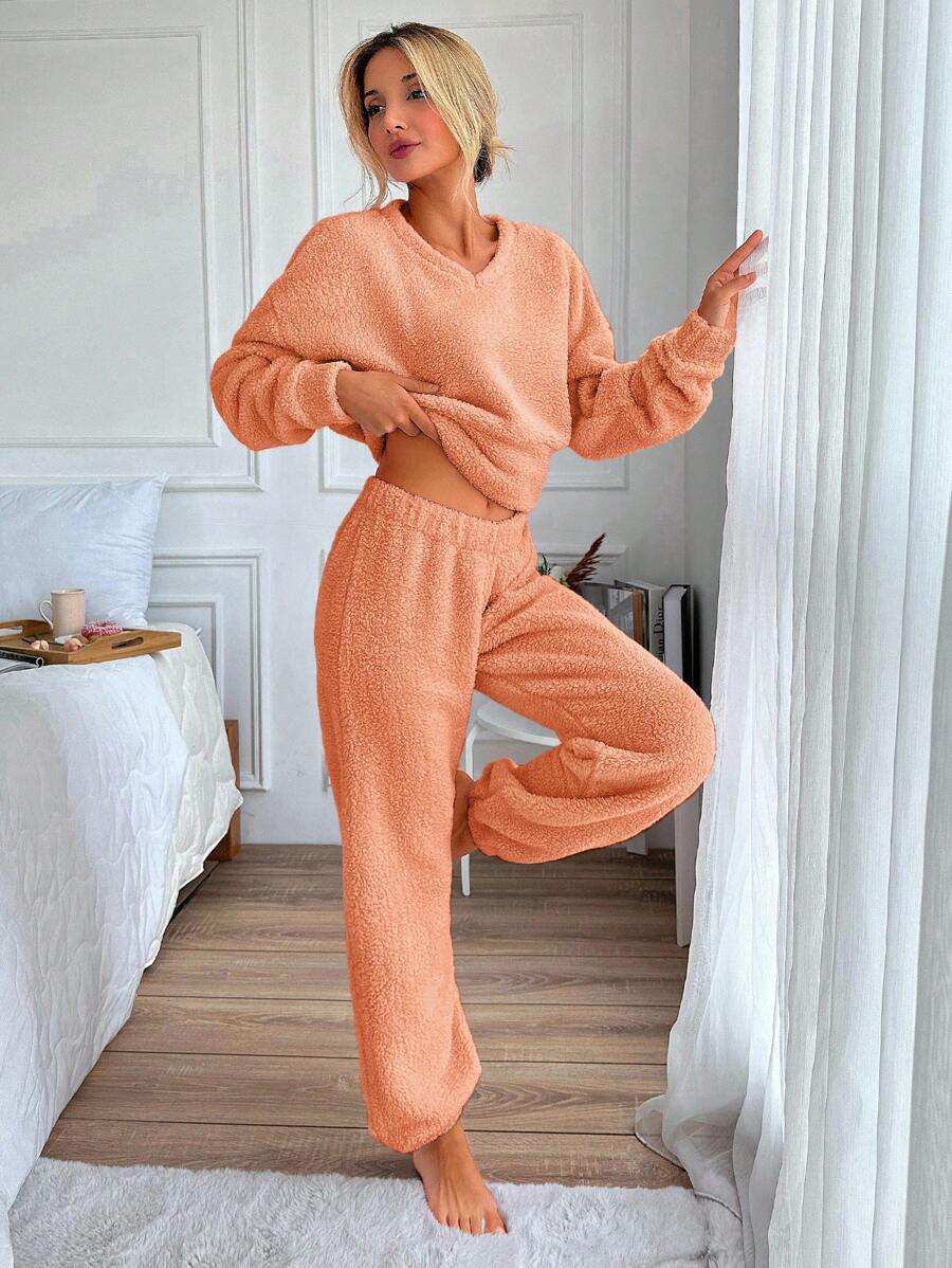 RueChic Solid Drop Shoulder Teddy Pullover & Pants - Orange - View 1