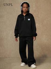 SHEIN Explorewe 2pcs/Set Tween Girls Fashion Black Half Zip Funnel Neck Drop Shoulder Fleece Sweatshirt & Straight Leg Casual Pants, Suitable For Warm, Family Gathering, Travel, School, Outdoor, Daily Casual Wear, Autumn/Winter,ChicAutumn,Halloween, Christmas - Black - View 7