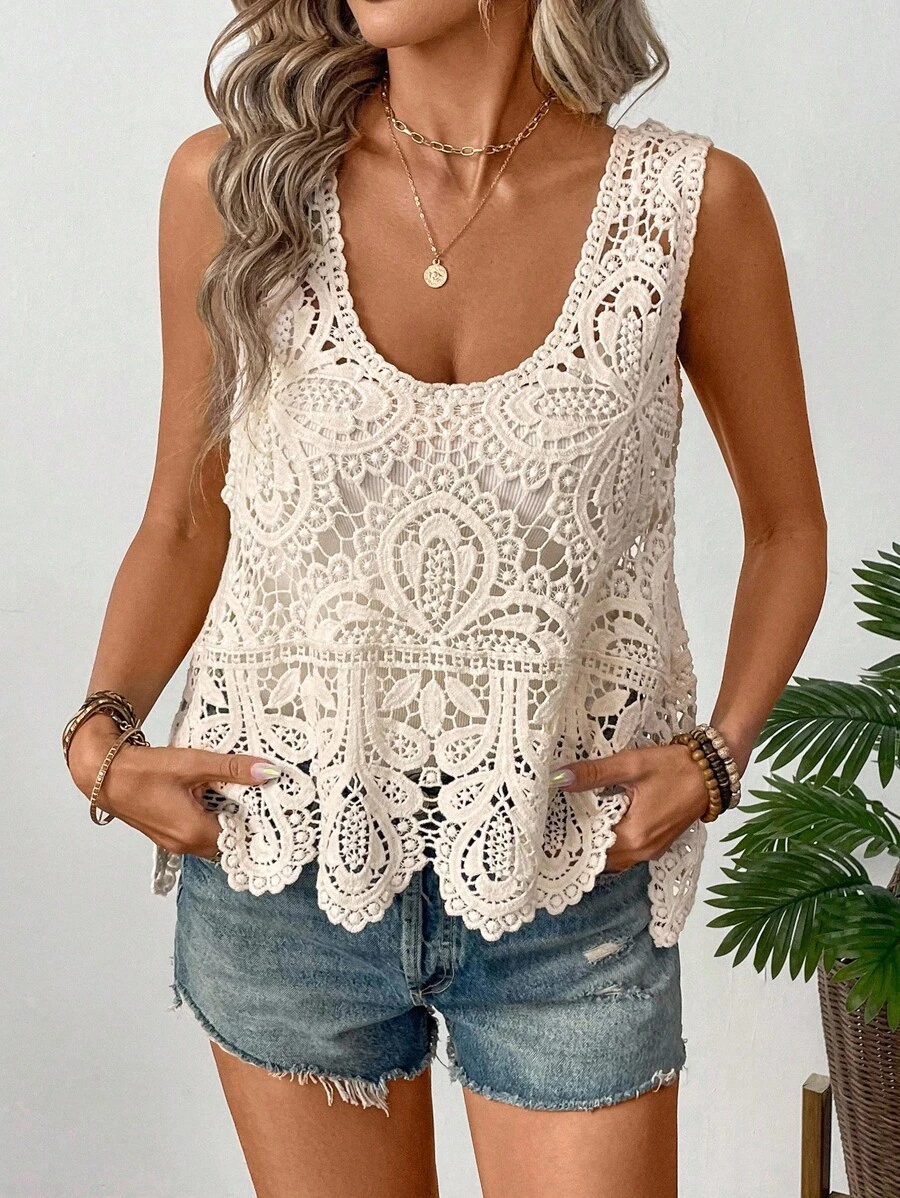 SHEIN LUNE 女士夏季宽松针织钩针镂空背心 - 杏色 - 查看 1