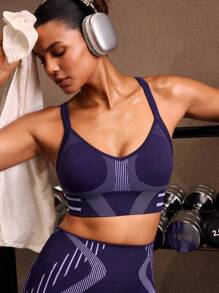 Powerista Sujetador deportivo de rayas para uso diario y fitness para mujeres - Azul - Ver 1
