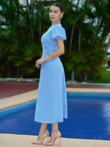 Andrea Bello 2025 Summer Wedding French Blue Regular Shoulder Puff Sleeve Ruched Waist Tie Side Fitted Elegant Romantic Vacation Dress