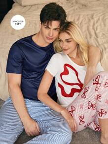 CoupledUp Contrast Stripe Print Men's Pajama Set Including Short Sleeve Tops And Bottoms Couple Pajama Sets Couple Pjs Summer Sleep Wear Sets Men Sleepwear Men Pjs Set - Multicolor - View 7