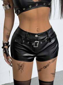 Coolane 女士夏季音乐会 Y2K 街头服饰垃圾摇滚休闲乡村音乐会皮革黑色紧身裤低腰靴短裤 - 黑色 - 查看 4