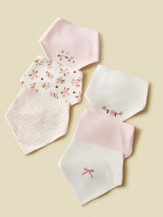 6pcs Baby Cotton Bibs, Ditsy Floral Embroidery Triangle Scarf, Suitable For Infants Under 3 Years Old, All Seasons