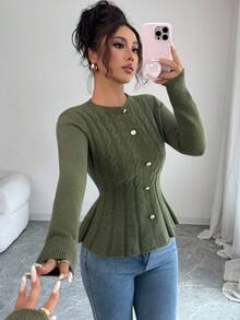 Elenzga 秋冬麻花绳橄榄绿长袖优雅套头衫 - 軍綠色 - 查看 7
