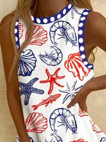 SHEIN EZwear 休闲简约海洋生物印花图案女式短裙，适合夏季 - 藍色 - 查看 5