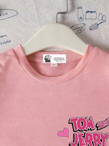 TOM & JERRY X SHEIN 青少年女孩休闲简约短袖T恤，适合夏季，圆领粉色心形气球奶酪卡通可爱设计