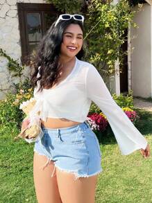 SHEIN EZwear Plus Size Women White Mesh Sheer Flared Sleeve Twist Knot Front Cardigan Winter Fall Autumn - White - View 5