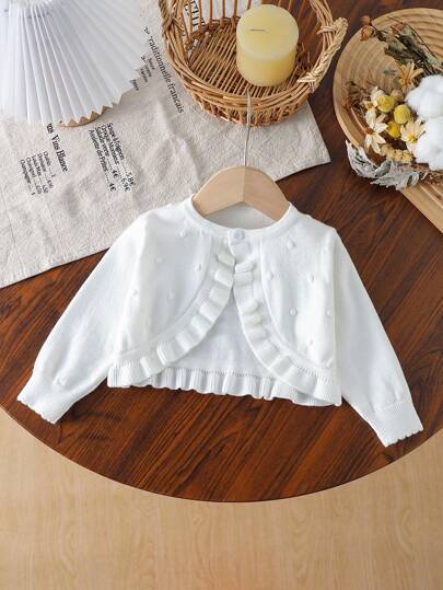 SHEIN Vintaside Kids Baby Girls Knitted Long Sleeve Cardigans, Short Puff Sleeve Sweater Shawl Collar, & Versatile White Tops Suitable For Spring/Autumn, Daily Wear, School, Outings, Travel Baby Girl White Cardigan Baby Girl Sweater Baby Girl Ruffle Cardigan Toddler Girl White Cardigan Baby Girl Knit Cardigan,Everyday Casual White Knit Short Cardigan With Round Neck And Asymmetrical Hem Fall Winter
