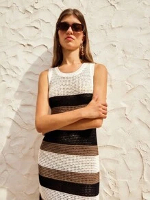 Maija Robe en tricot ajustée sans manches à motif rayé bicolore, décontractée pour femme - Multicolore - Voir 5