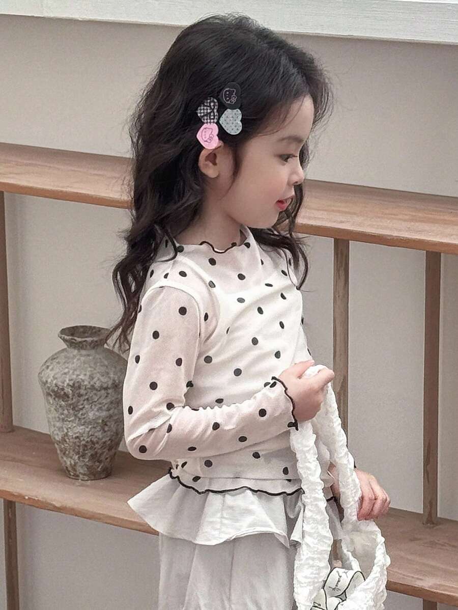 Dazy Kids 少女圆领长袖波点印花T恤 - 杏色 - 查看 1