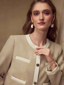 MOTF PREMIUM CONTRAST BINDING SINGLE BREASTED PLACKET JACKET - Khaki - View 6