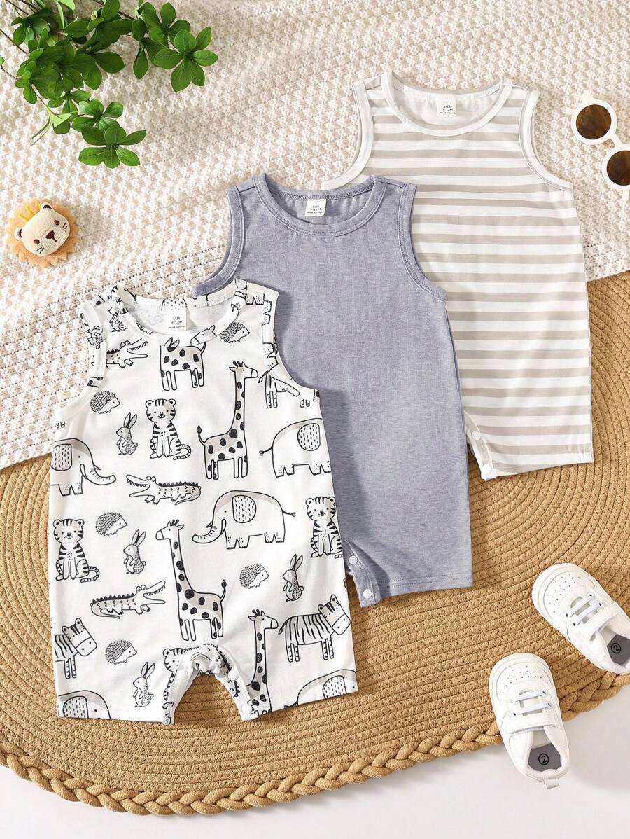 3件套新生男婴可爱卡通条纹无袖针织连体衣，夏季 - 彩色 - 查看 1