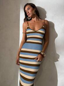 Aloruh Women's Spring/Summer New Knitted Dress, Crochet Dress With Criss-Cross Halter Neck And Open Back, Striped Bohemian Maxi Dress, Vacation Dress, Elegant Dress For Women - Multicolor - View 5