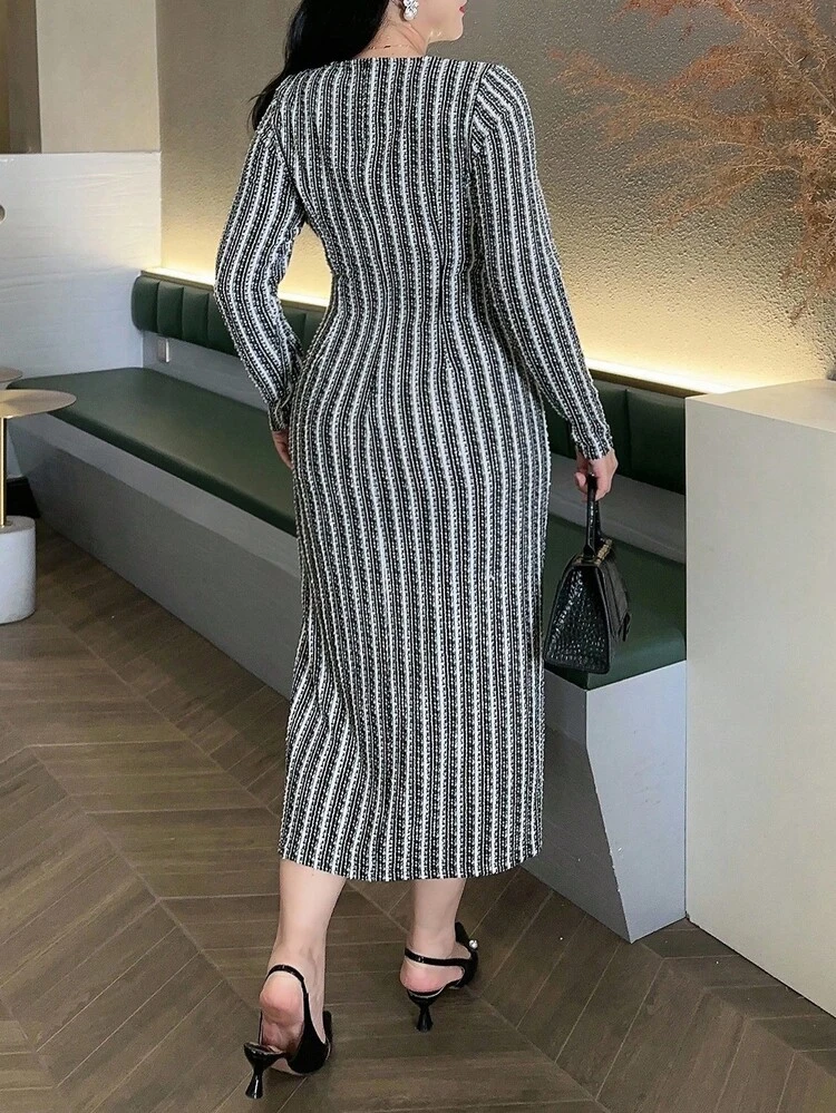 Dazy Plus V-Neck Elastic Wrap Long Sleeve Tie Waist Dress, Plus Size, Suitable For Party, Spring/Autumn