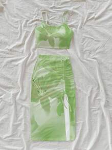 Soleia Set de top de tirantes y falda envolvente con estampado de lirio y hibisco en estilo teñido anudado casual de vacaciones para mujeres