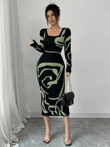 Elenzga Women's Color Block Fitted Waist Flare Sleeve Dress Fall Winter Cloth For Women - Green - View 6