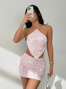 SHEIN PETITE 女式纯色亮片不对称下摆露背上衣和紧身迷你裙两件套 - 粉色 - 查看 1