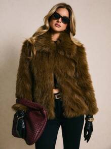 Poéselle 淑女气质合成皮草高端百搭翻领长袖短款外套 - 銅色 - 查看 1