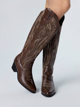 Women's Coffee Brown Embroidered Western Boots, Leather Surface, Outdoor Fashion Slip-On Over-The-Knee Boots, Spring And Autumn New Arrival