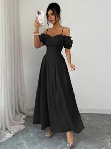 Elenzga Váy dạ hội chữ A sang trọng cổ điển thanh lịch, tay bồng cánh bướm, lưới 3D màu tím, eo khoét sâu, dây mảnh - màu đen - Xem 6