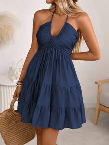 Breezaya 女士春夏单竹结亚麻度假沙滩裙，波西米亚西部褶皱褶胸围分层蛋糕裙 A 字露背可调节吊带蝴蝶结连衣裙 - 藏蓝色 - 查看 4