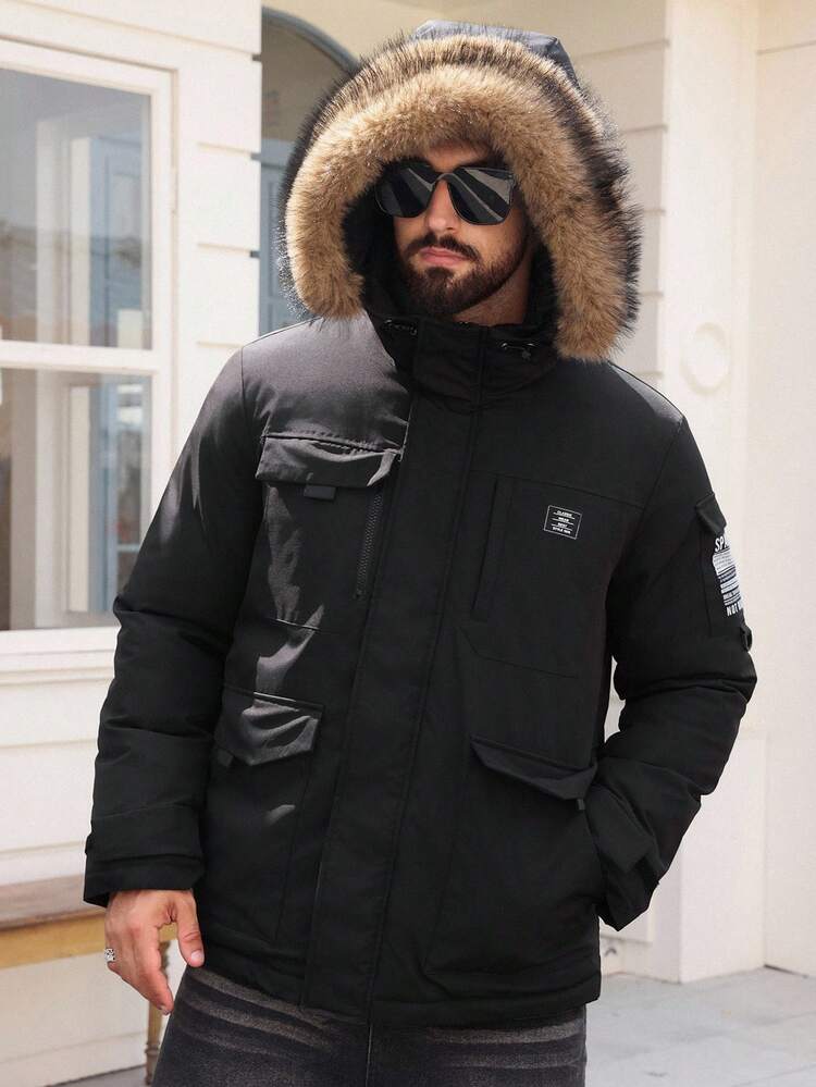 Men's Thick Padded Coat With Fluffy Collar, Black, Winter Jacket