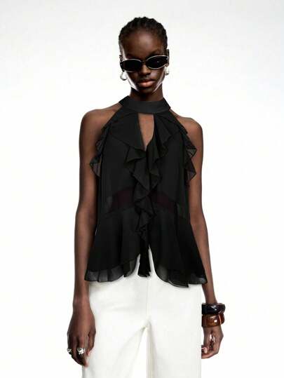 LYSMO 2025 New Arrival Black Ruffle Chiffon Halter Top With Tie – Boho Summer Style