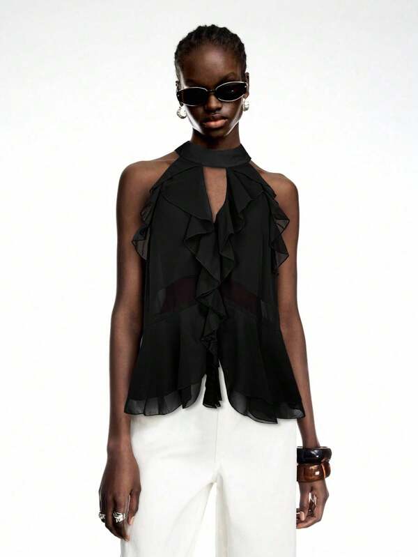 LYSMO 2025新款黑色荷叶边雪纺露背上衣搭配领带——波西米亚夏季风格