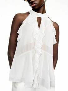 LYSMO 2025 New Arrival White Ruffle Chiffon Halter Top With Tie – Boho Summer Style