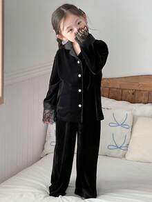 DAZY Young Girl Lace Patchwork Long Sleeve & Long Pants Pajama Set Fall,Winter - Black - View 7