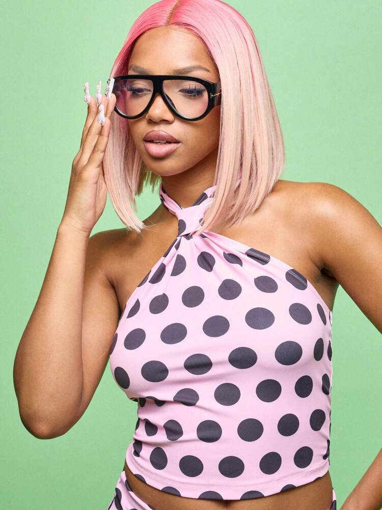 SUMWON WOMEN Polka Dot Halter Neck Top With Twist Front