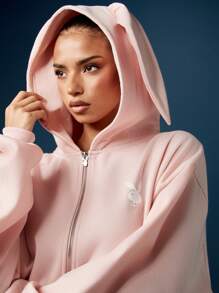 Missguided x Playboy Bunny Ear Zip Through Hoodie With Rabbit Hood Pastel Sweatshirt Fall Winter Loungewear Cute Kawaii Design Oversized Long Sleeve Fashion Statement - Pink - View 3